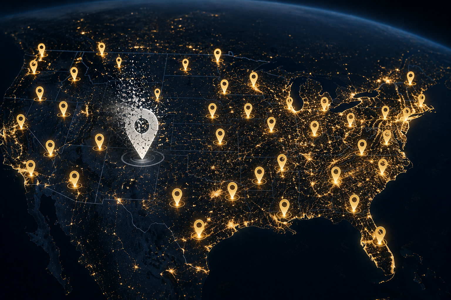 A US map of business listings with one location pin shattering — a Google Business Profile wiped off the map